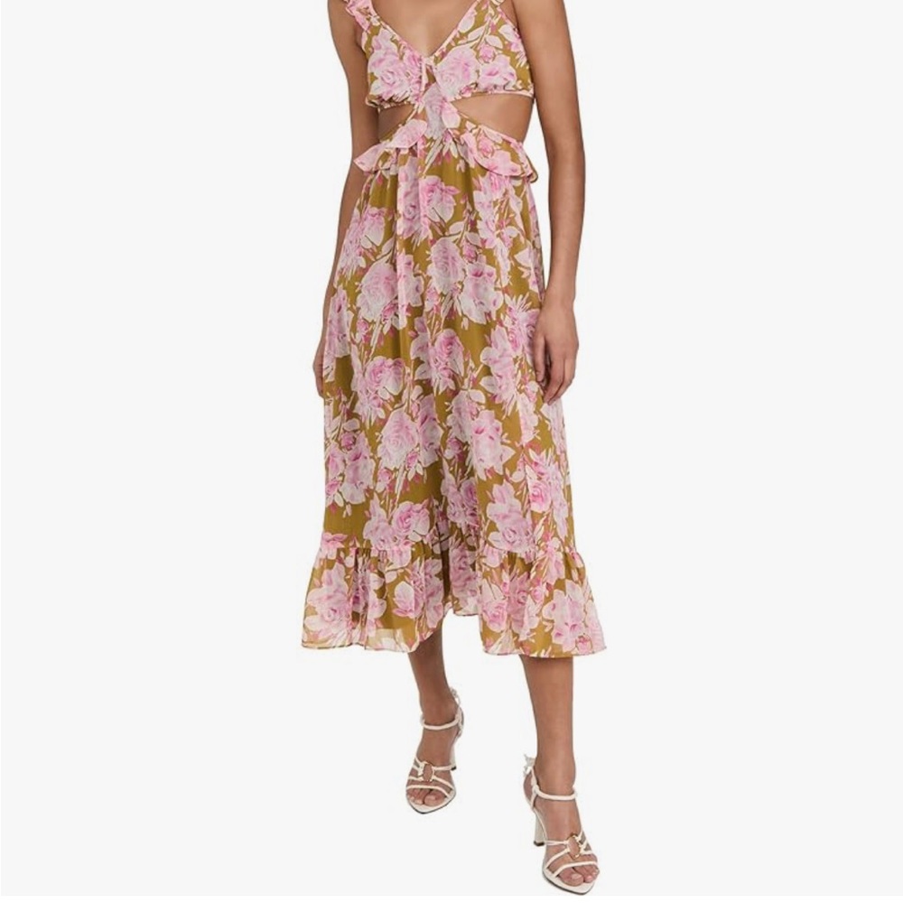Likely Pink Floral Cutout Midi Dress with Green-Gold Base